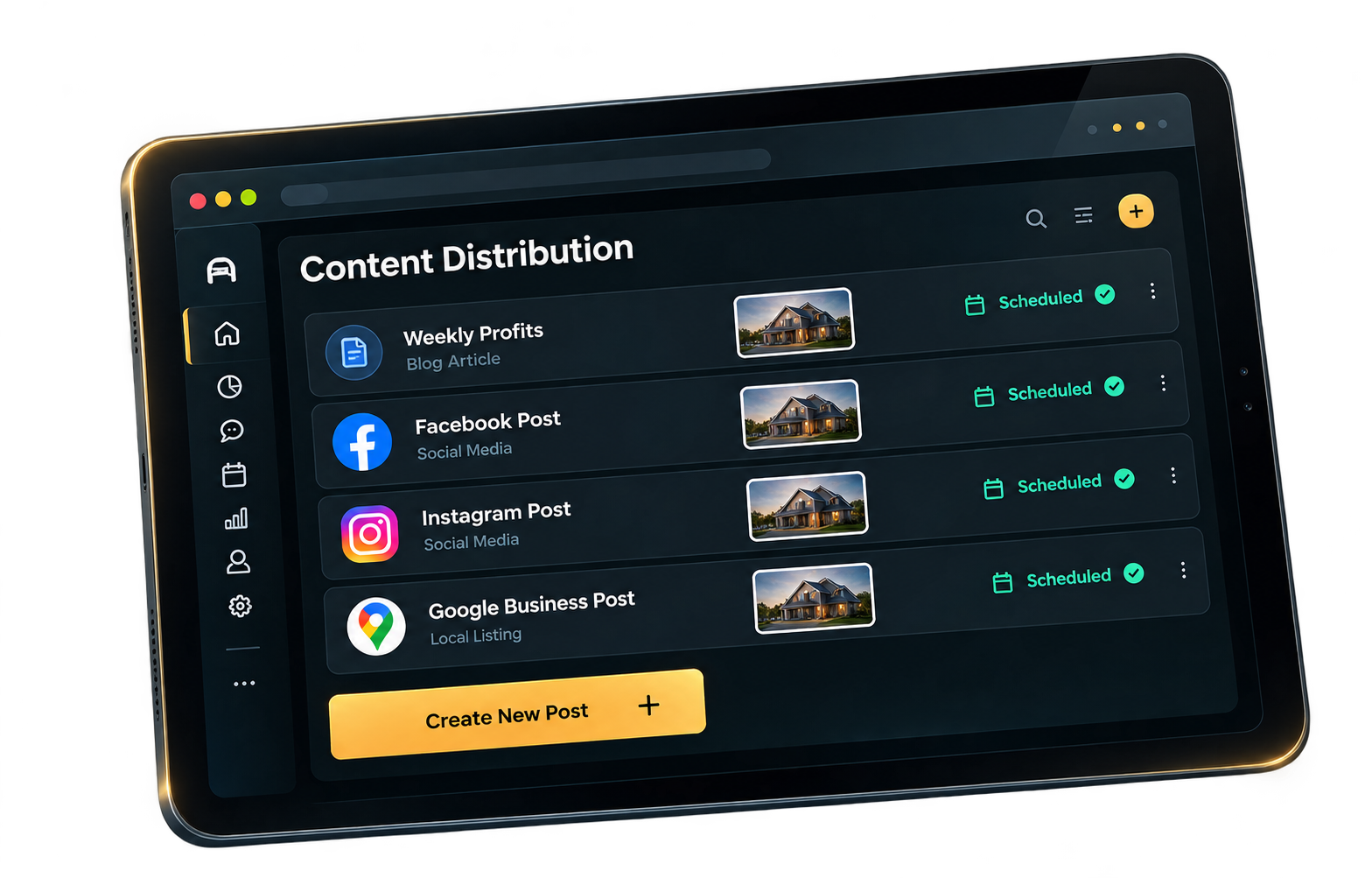 Content distribution dashboard with scheduled Facebook, Instagram, and Google Business Profile posts
