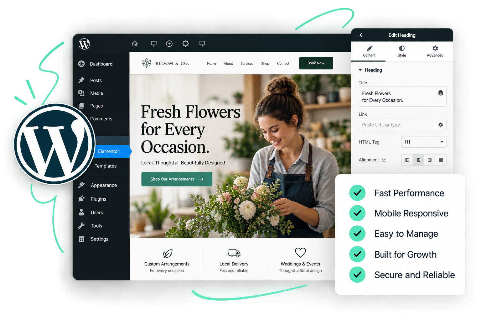 WordPress and Elementor website development interface displaying a professional florist website