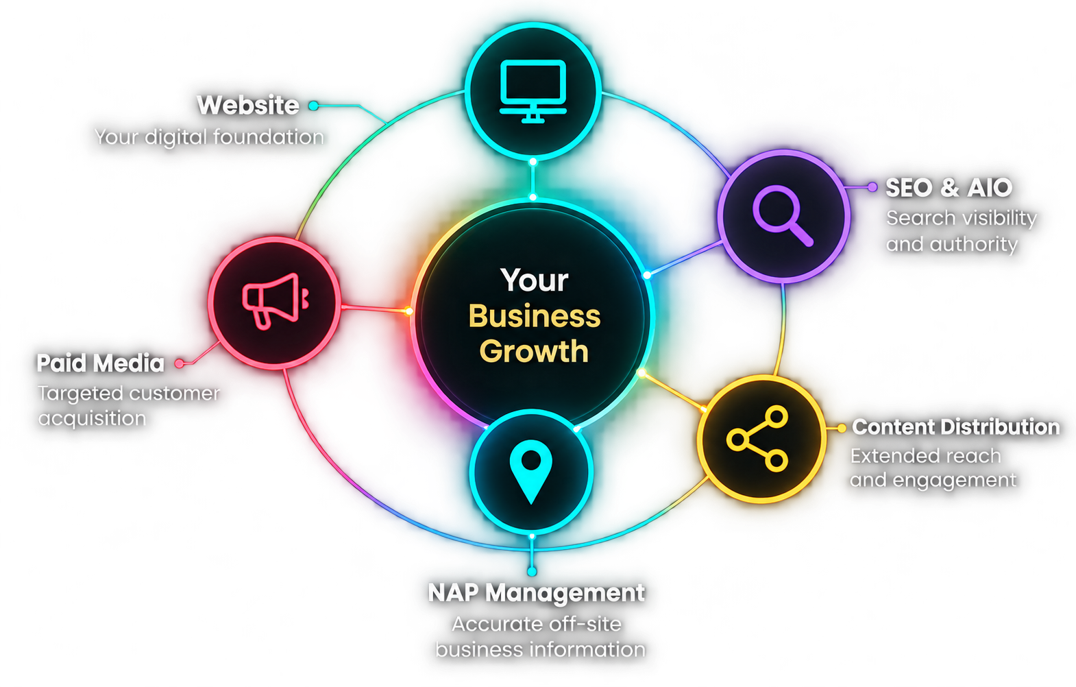 Connected digital marketing strategy with website, SEO and AIO, paid media, content distribution, and NAP management contributing to business growth