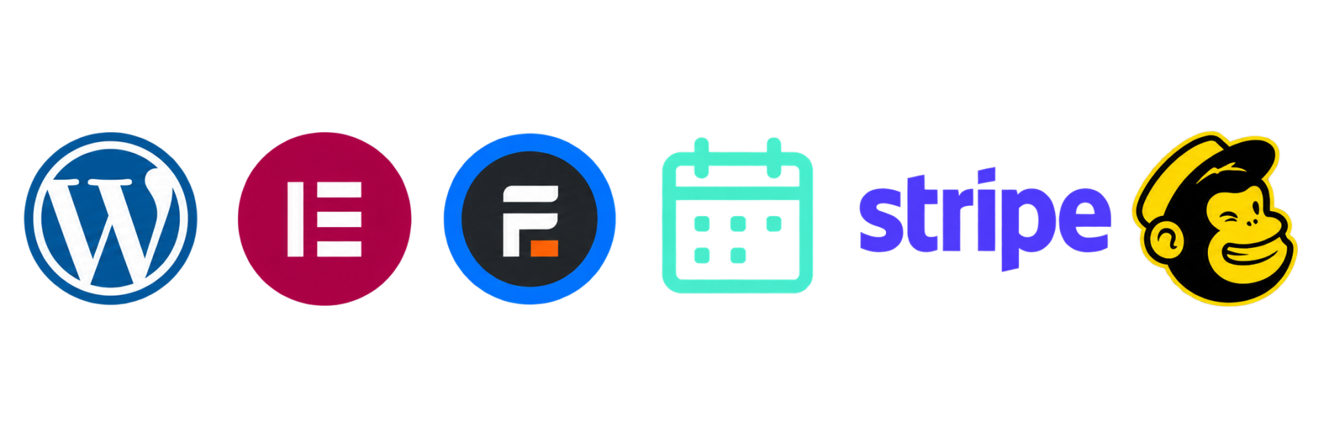 WordPress, Elementor, Formidable Forms, scheduling, Stripe, and Mailchimp integration icons