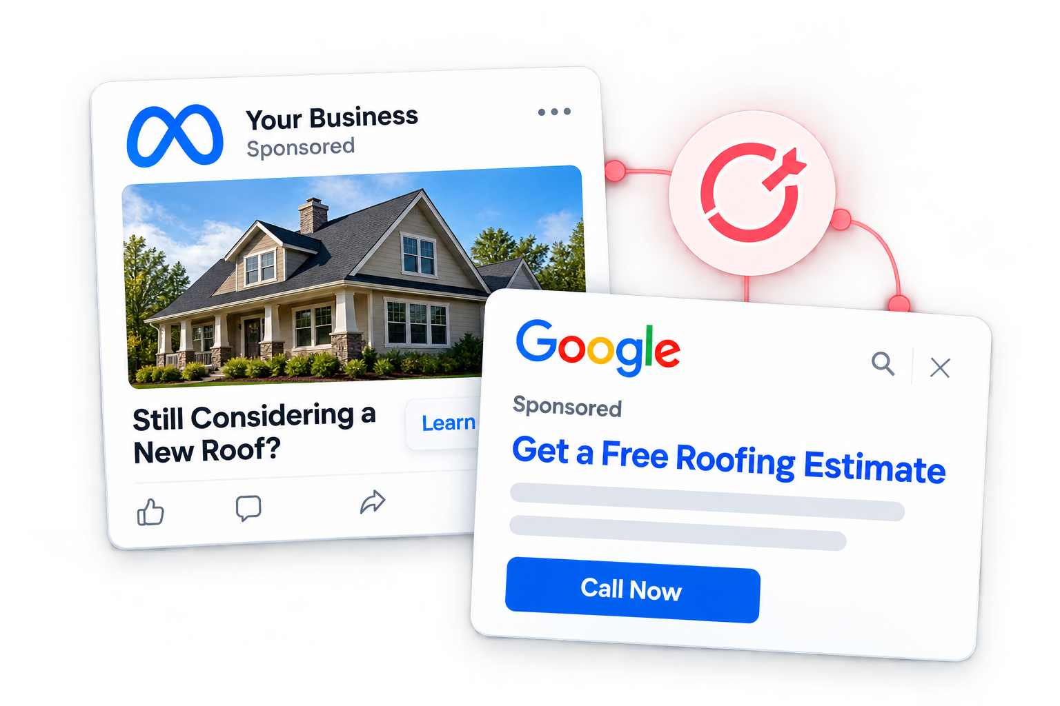 Google and Meta roofing advertising campaign examples demonstrating retargeting